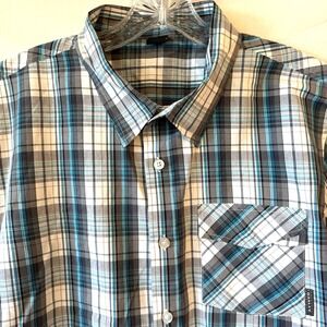 Oakley Men's XL Gray Teal White Plaid Short Sleeve‎ Button Down Shirt